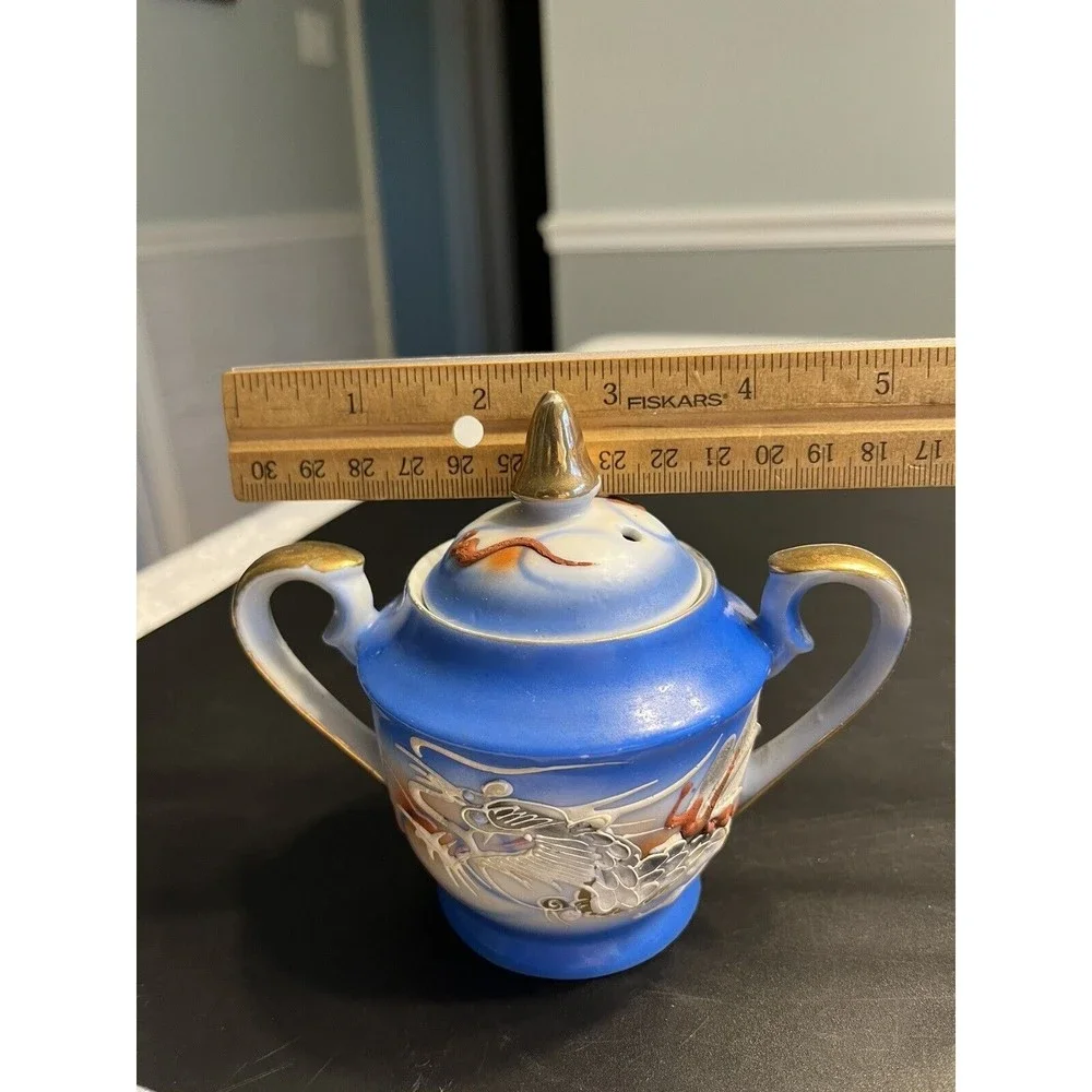 Vintage Dragonware Moriage Blue White Coffee Tea Pot Sugar Creamer Set